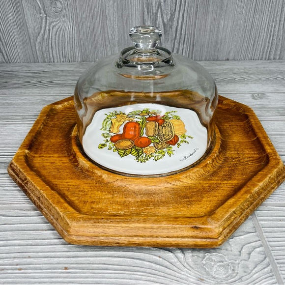 Vintage Goodwood teak / ceramic cheese & cracker tray with glass dome cloche - Picture 7 of 11